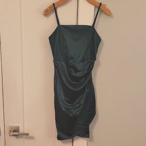 Elegant Mini Assymetrical Emerald Green Satin Dress